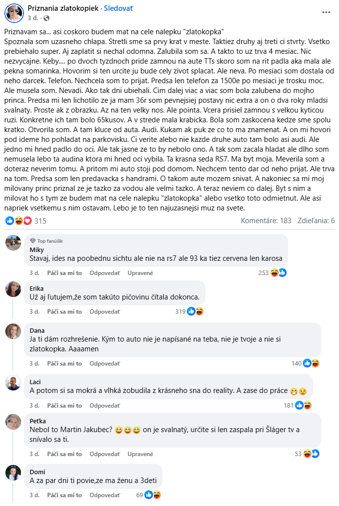Príspevok na sociálnej sieti o príbehu s luxusným autom a reakciách ľudí na zlatokopku.