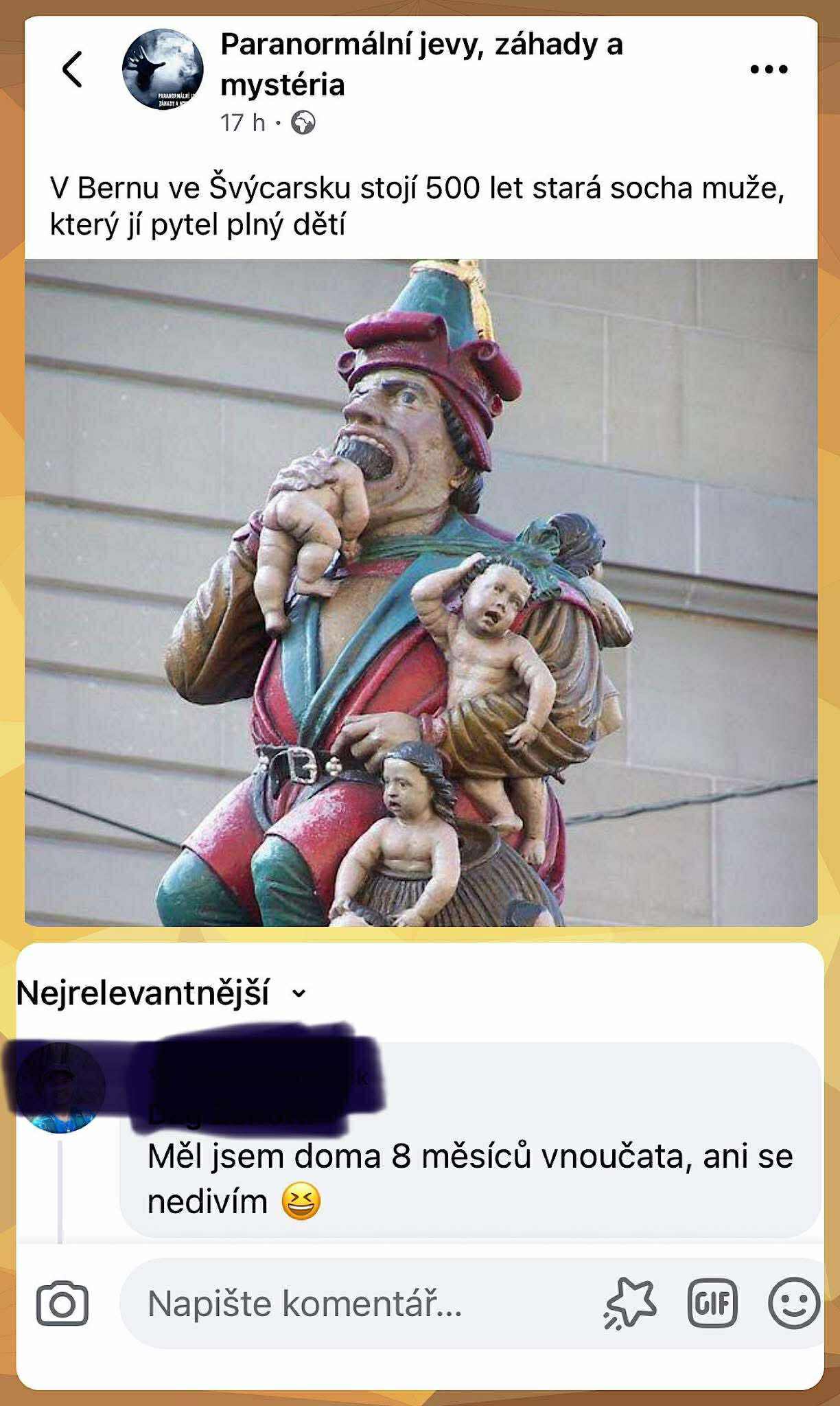 Socha v Berne: stredoveká postava zje dieťa, desivý detail historického umenia.