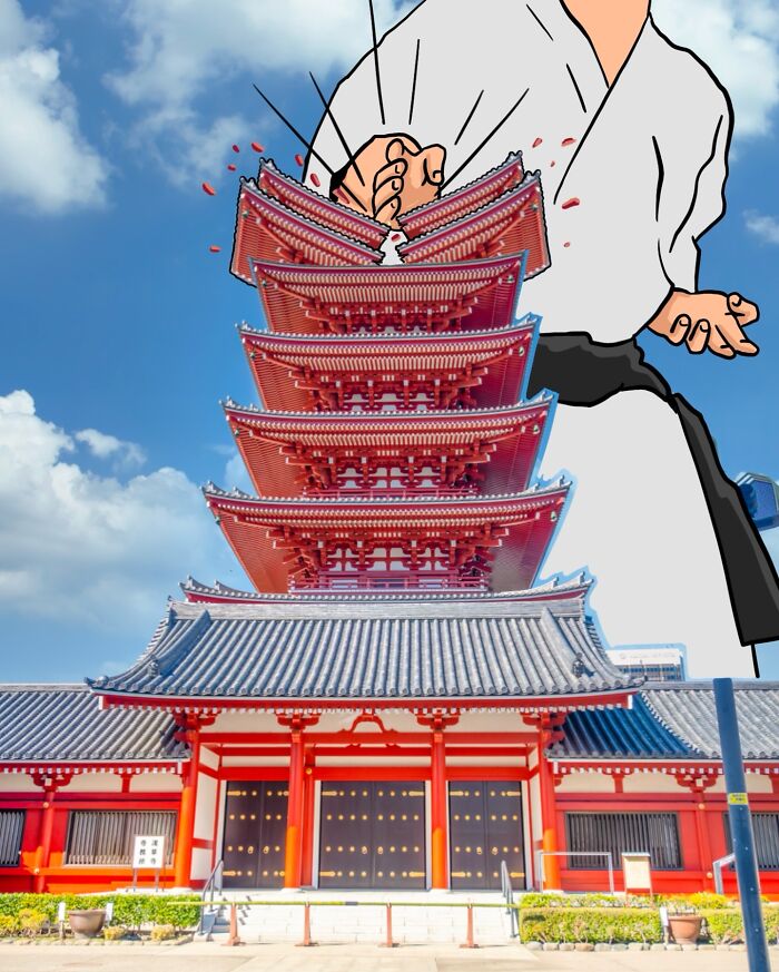 Animácia karate úderu rozbíja japonskú pagodu pod modrou oblohou, efektívne spájajúc kultúru a bojové umenie.