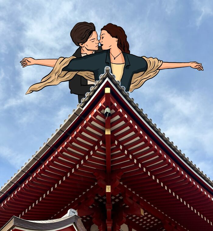 Ilustrácia páru na špičke tradičnej japonskej strechy pod jasnou oblohou.