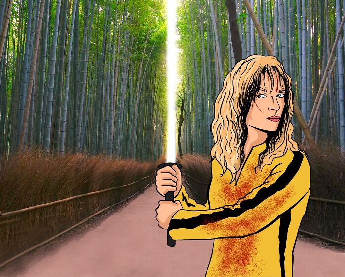 Osoba v žltom kimone s mečom v bambusovom lese, pripravená na akciu.