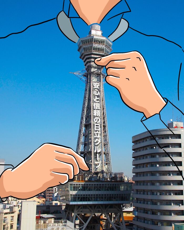 Kreslená postava upravuje oblek pred vežou v meste pod modrou oblohou.