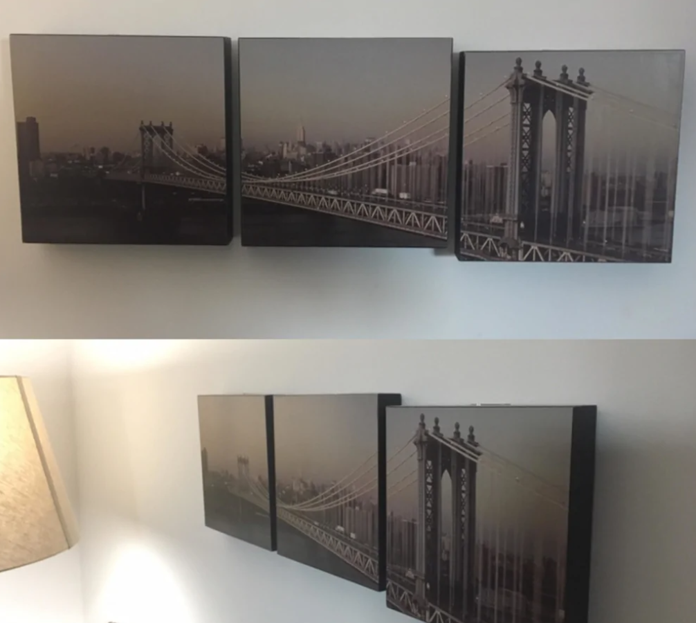 Trojitá nástenná dekorácia s motívom mosta, zavesená v obývačke, vytvára modernú a štýlovú atmosféru.