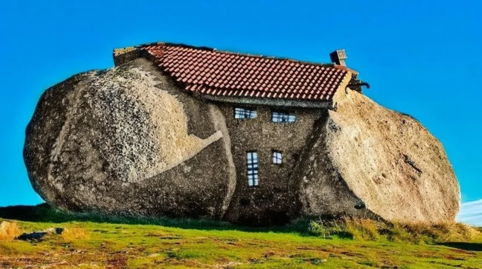Unikátny kamenný dom postavený medzi obrovskými balvanmi pod modrou oblohou.
