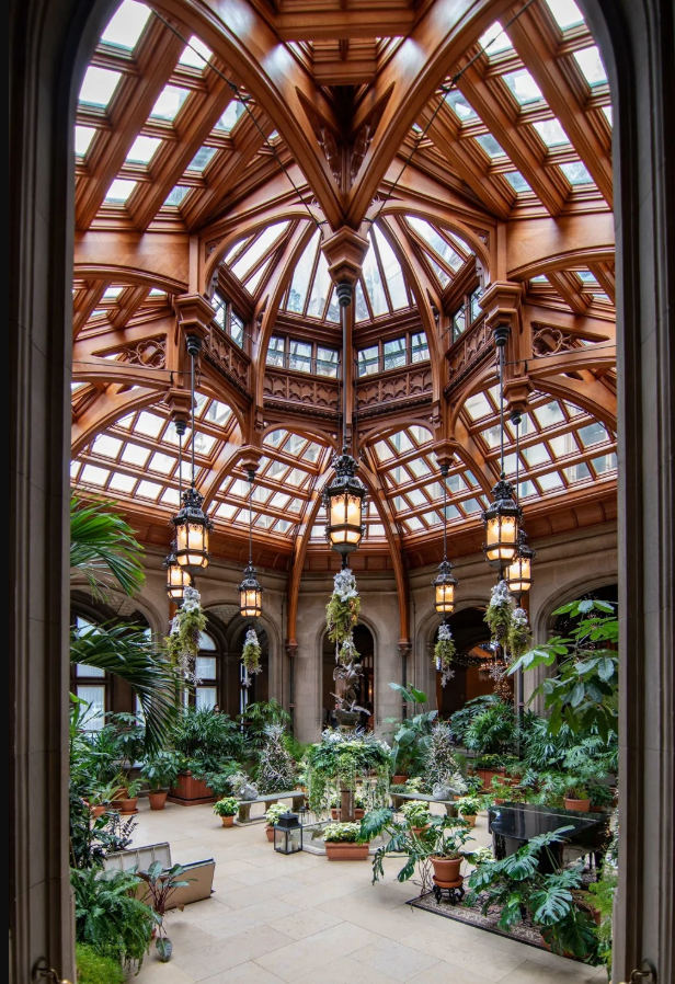 Sklenená kupola s rastlinami a elegantným osvetlením v historickej budove.