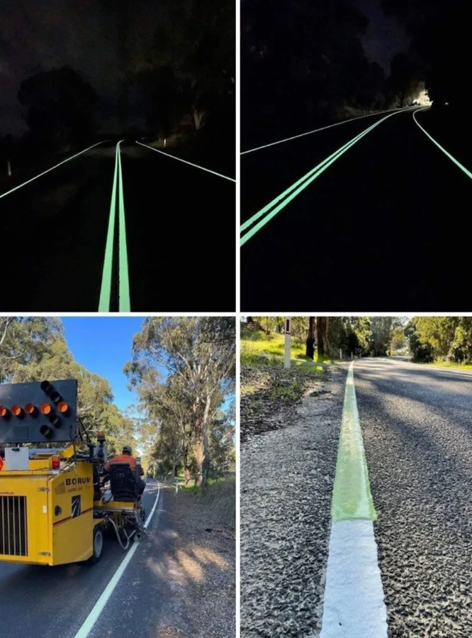 Nočné a denné zábery cesty s fosforeskujúcimi pruhmi pre lepšiu viditeľnosť.