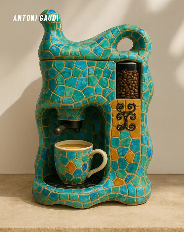 Kávovar s mozaikou v štýle Antoniho Gaudího a šálkou na drevenom povrchu.