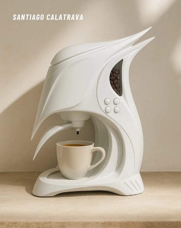 Futuristický kávovar s bielym dizajnom, šálka kávy, elegantné tvary, moderný štýl.