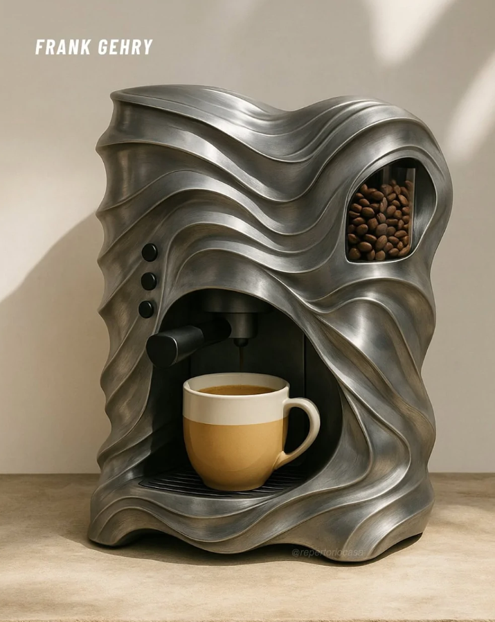 Futuristický kávovar s vlnitým dizajnom, plný zŕn, vedľa šálky kávy, umiestnený na kuchynskej linke.