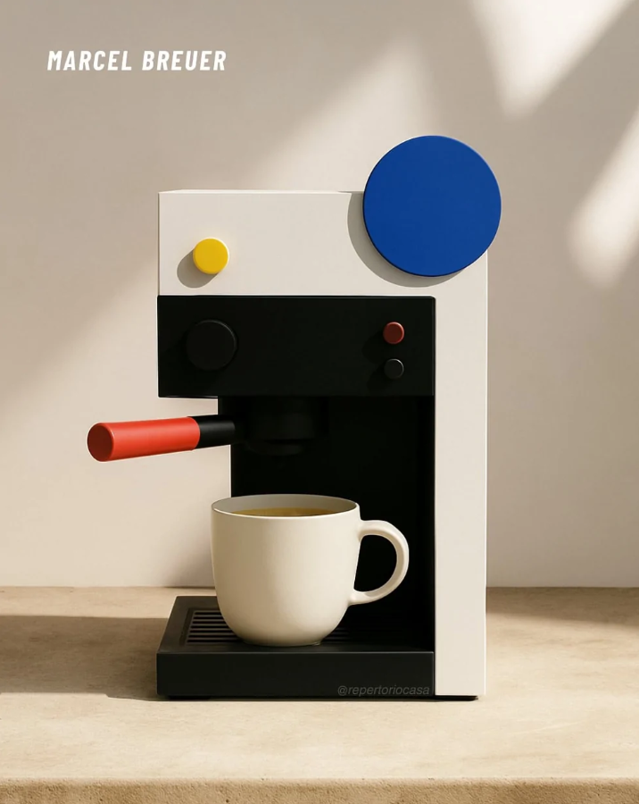 Moderný kávovar s geometrickým dizajnom, abstraktné tvary a farby, biela šálka pripravená na kávu.