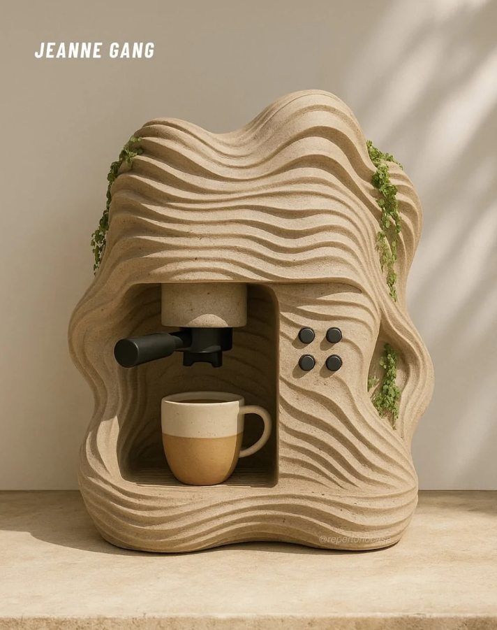 Kávovar z vlnitého pieskovca s hrnčekom, ozdobené zeleňou, minimalistický dizajn na kuchynskej linke.