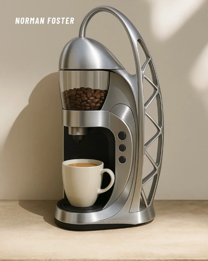 Moderný kávovar so strieborným dizajnom a šálkou kávy v svetlom prostredí.