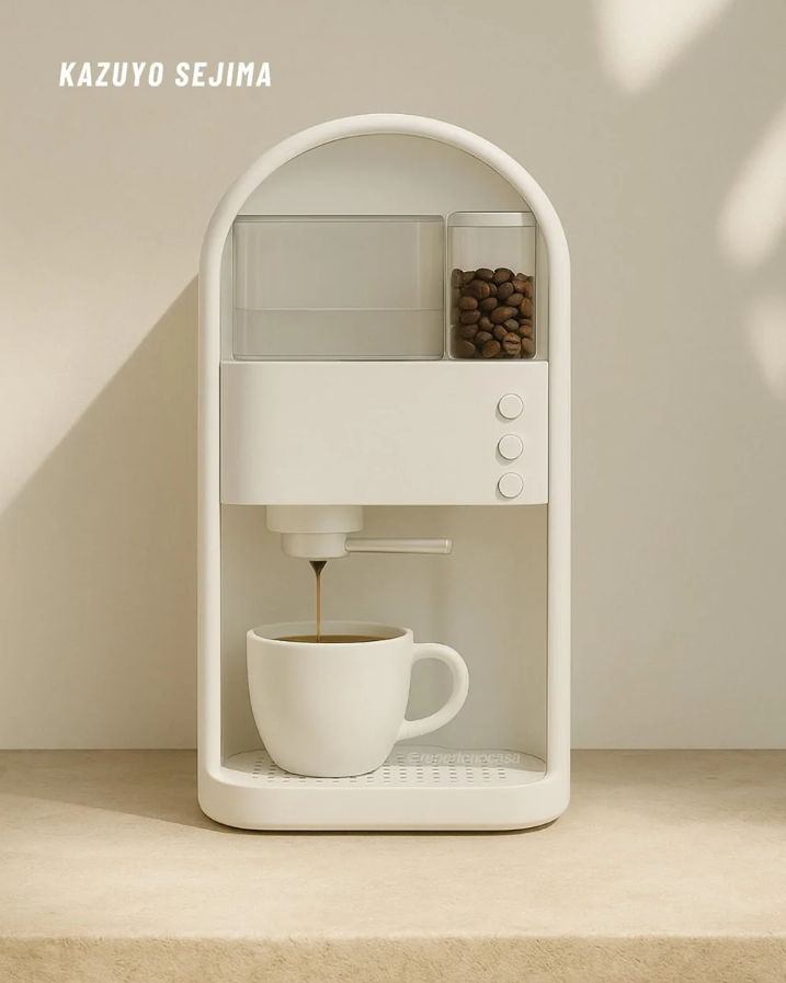 Minimalistický biely kávovar s kávovými zrnami pripravený na prípravu čerstvej kávy do bielej šálky.