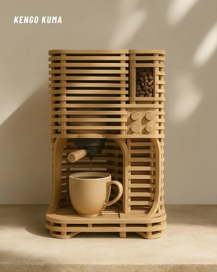 Dizajnový kávovar z dreva s minimalistickým vzhľadom a šálkou na kávu, vytvorený renomovaným architektom.