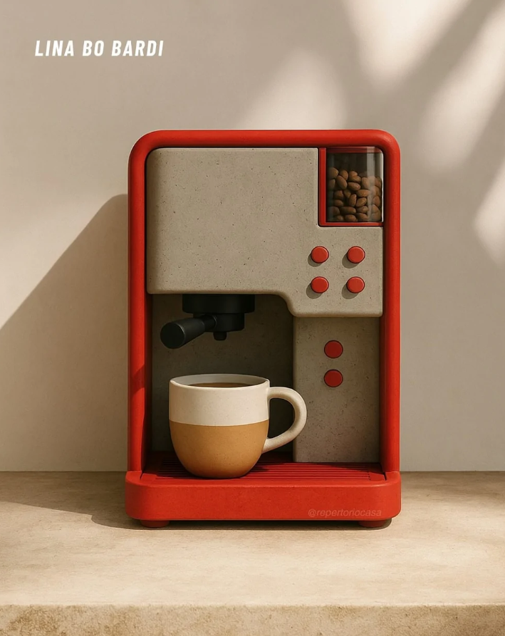 Červený kávovar s minimalistickým dizajnom, pripravený s keramickým pohárom na espresso na svetlom podklade.