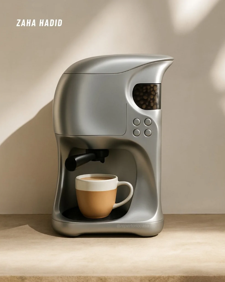 Moderný espresso kávovar so štýlovým dizajnom a šálkou na pultovom pozadí.