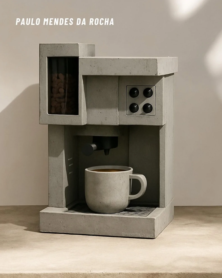 Betónový kávovar s hrnčekom na stole, minimalistický dizajn od Paula Mendesa da Rocha.