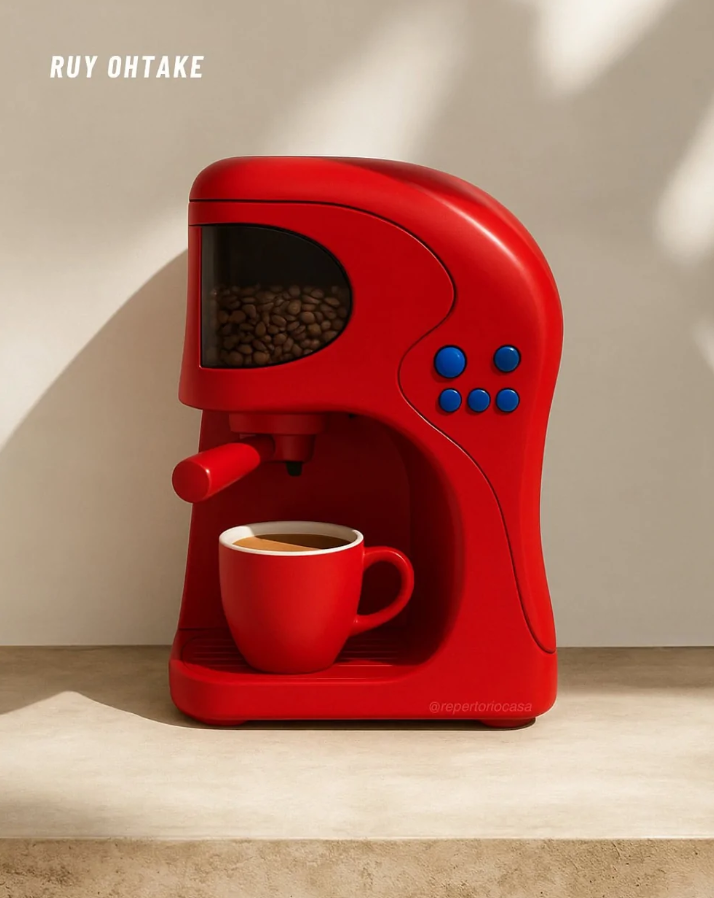 Červený kávovar s hrnčekom na kávu na svetlom pozadí. Zariadenie je moderné a dizajnovo zaujímavé.