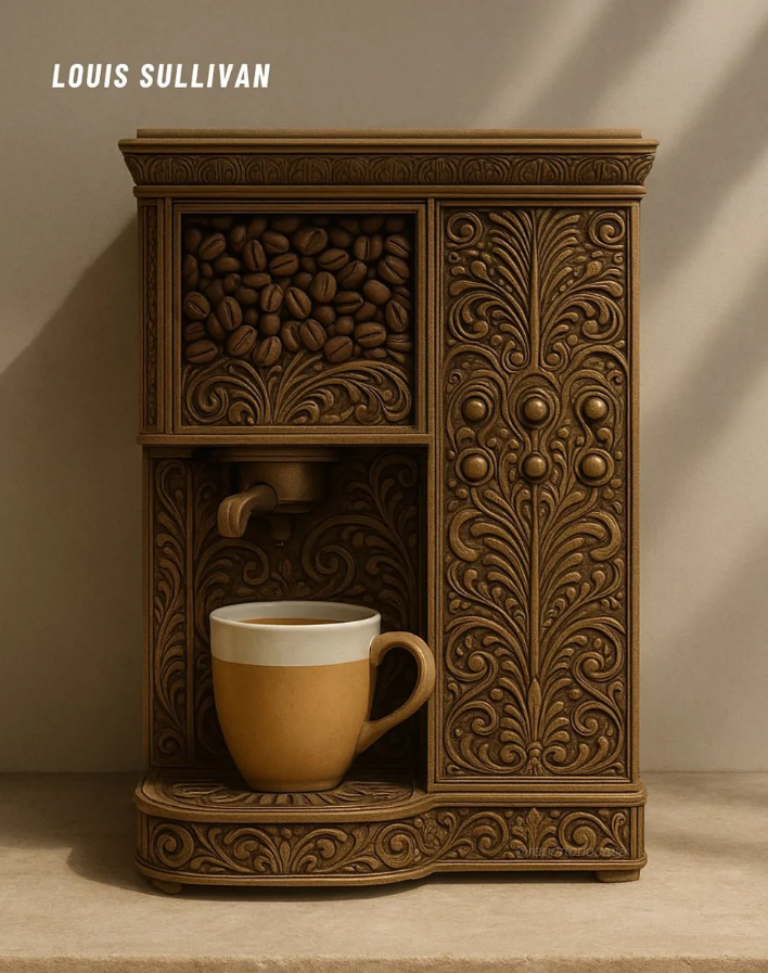 Dekoratívny kávovar s šálkou kávy na podstavci, zdobený rustikálnym ornamentom.