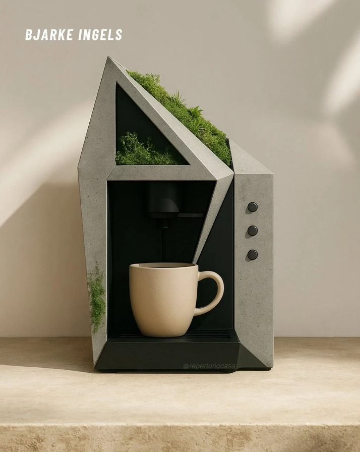 Moderný kávovar s geometrickým dizajnom a rastlinami, šálka umiestnená v strede, minimalistický štýl.
