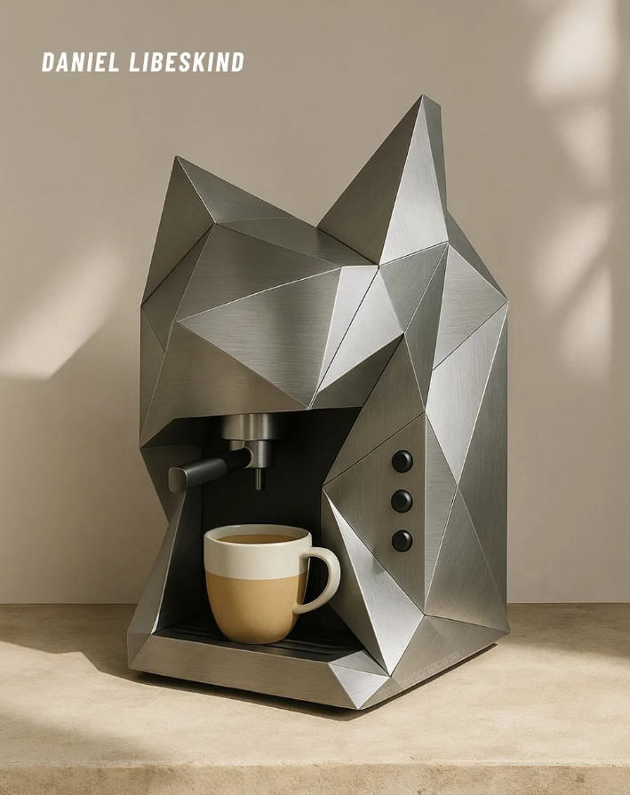 Moderný dizajnový kávovar v tvare mačky s geometrickým motívom, šálka kávy pripravená na podávanie.