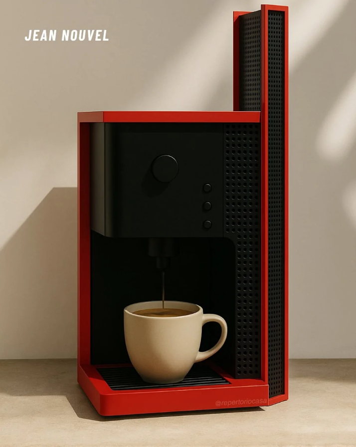 Moderný červený kávovar s hrnčekom na stredne svetlej doske, dizajn Jean Nouvel.