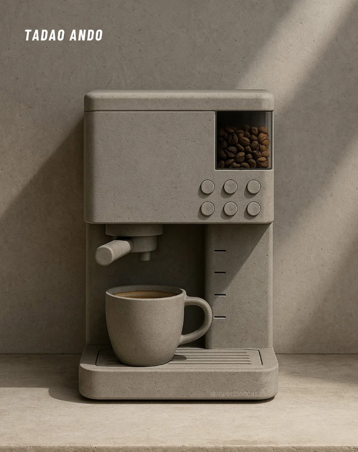 Štýlový kávovar s hrnčekom na prípravu kávy, minimalistický dizajn, moderný interiér.