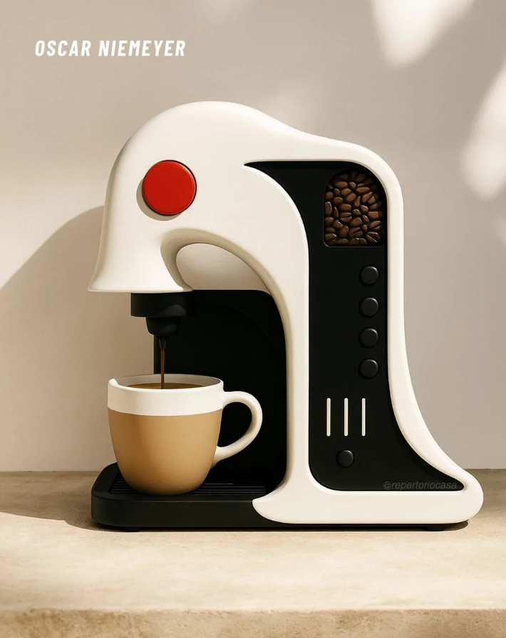 Moderný kávovar s elegantným dizajnom pripomínajúci krivky architektúry Oscara Niemeyera. Šálka kávy na pultoch.