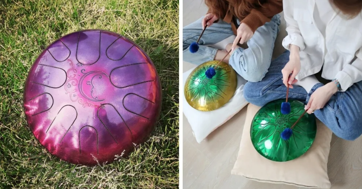 Fialový a zelený oceľový jazýčkový bubon na tráve a v interiéri, hraný paličkami.