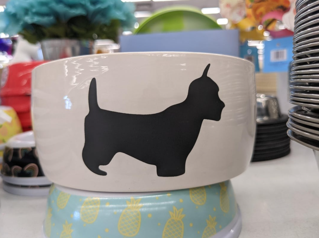 Miska so siluetou psa na prednej strane, umiestnená na ďalšej miske s ananásovým vzorom v obchode.