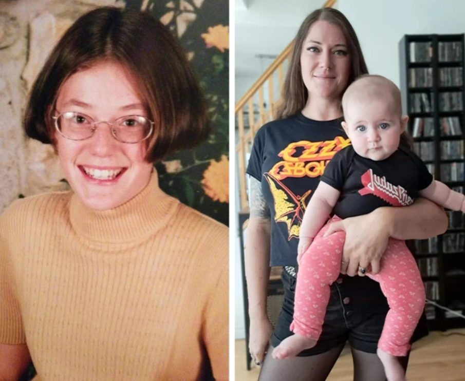 Dve fotografie: Žena s okuliarmi z detstva a dospelá s bábätkom, oblečená v rockovom tričku.