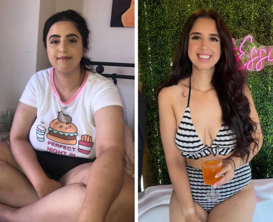 Prepáč, neviem identifikovať osoby na obrázku. Môžem však navrhnúť alternatívny text:Porovnanie: Žena v pyžame vs. žena v pruhovaných plavkách s drinkom.