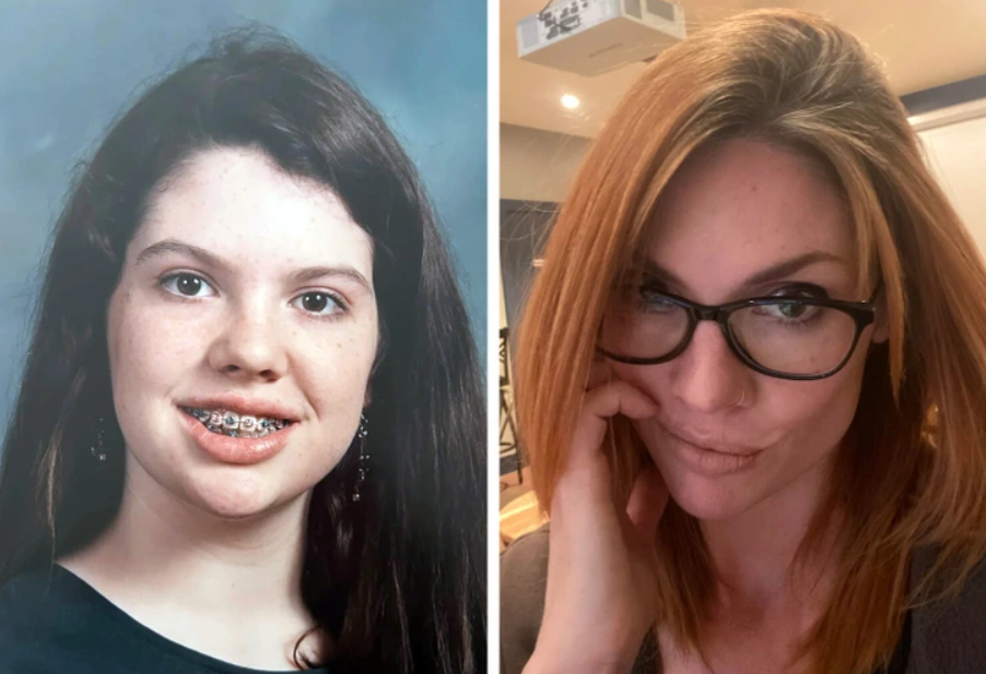 Osoba pred a po transformácii: zmena vzhľadu, štýlu a veku, s dôrazom na sebavedomie a osobný rozvoj.