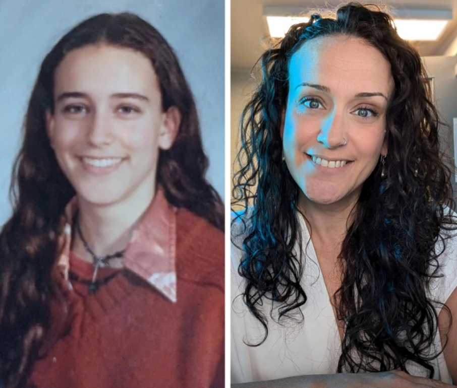 Osoba s dlhými vlasmi na dvoch fotografiách, v mladosti a v súčasnosti, s úsmevom.