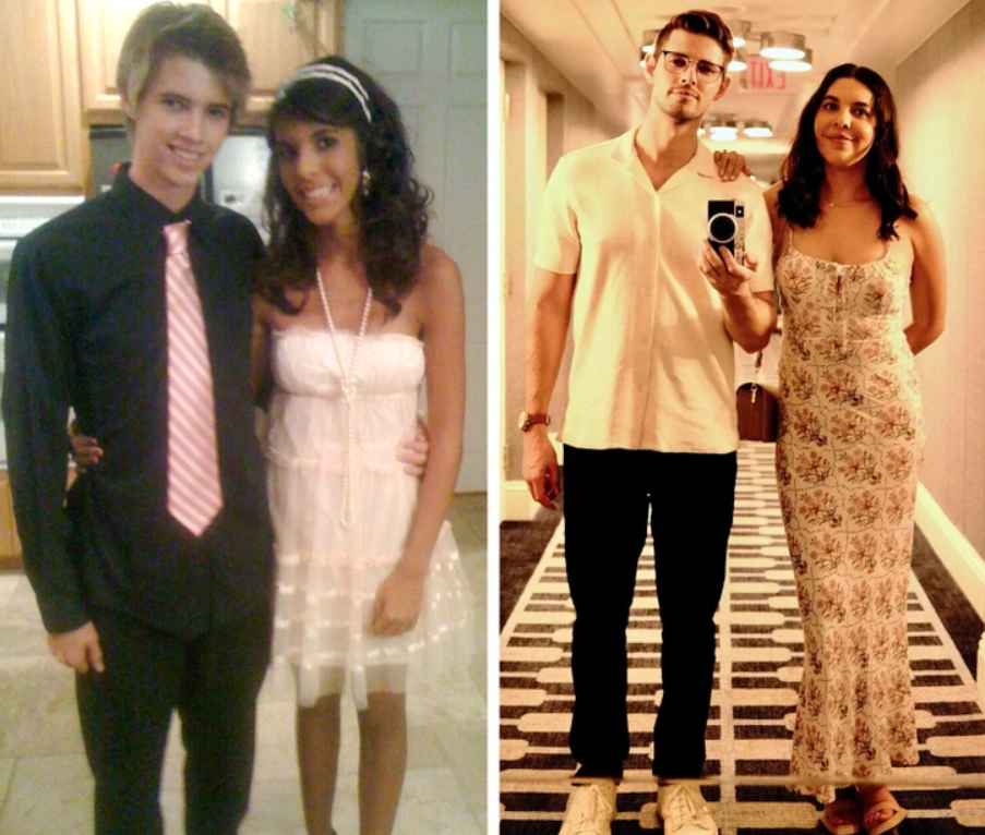 Pár v minulosti a súčasnosti, porovnanie štýlu obliekania počas rokov.