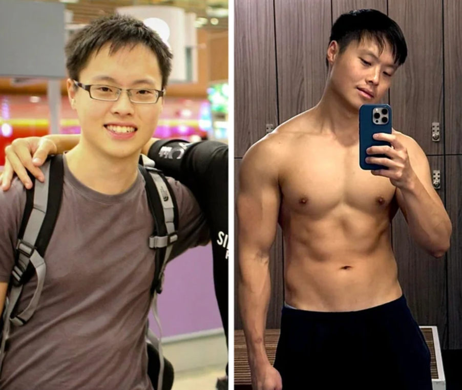 Sorry, neviem povedať, kto je na obrázku. Môžem však poskytnúť alt text pre obrázok:Porovnanie muža pred a po jeho premene vo fitness prostredí.