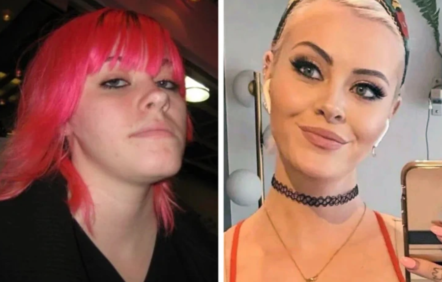 Osoba s farebnými vlasmi pred a po zmene vzhľadu, ukazujúc transformáciu účesu a štýlu.