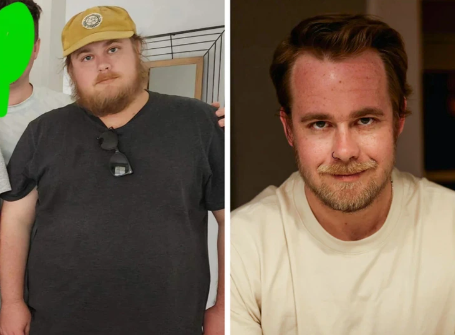 Ložiskový muž pred a po výraznej premene vzhľadu, s nadváhou a po schudnutí.