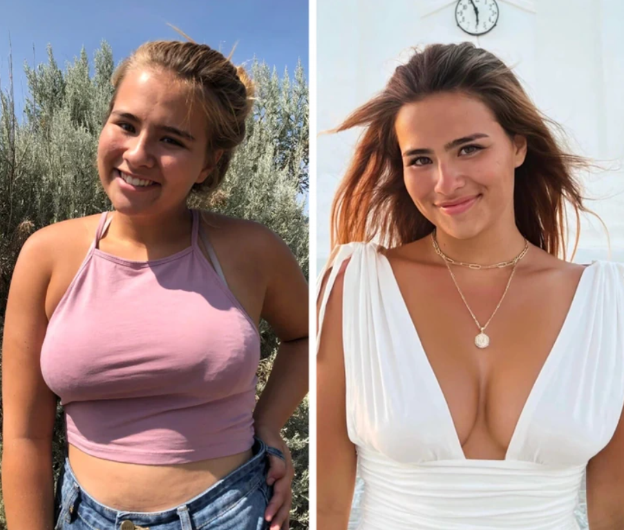 Prepáč, neviem identifikovať osoby na obrázku, ale tu je alternatívny text: Dve portrétové fotografie ženy v rôznych outfitoch na slnečnom pozadí.