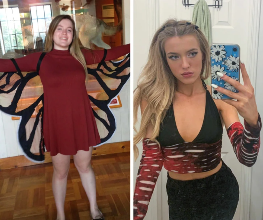 Dve ženy v štýlových outfitoch, jedna s motýlími krídlami, druhá v zrkadlovom selfie s kvetinovým puzdrom.