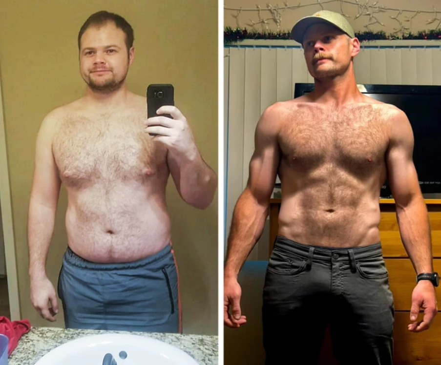Osobná premena postavy: muž pred a po intenzívnom tréningu, výrazná zmena telesnej kondície.