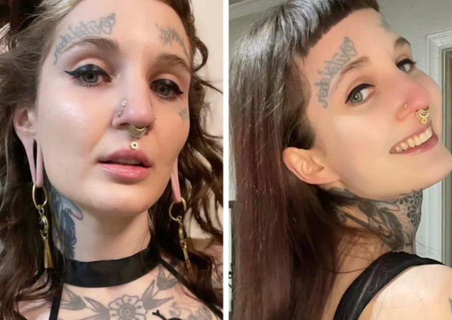 Osoba so zdobenými piercingmi a tetovaniami na tvári a krku, pózuje v dvoch rôznych pohľadoch.