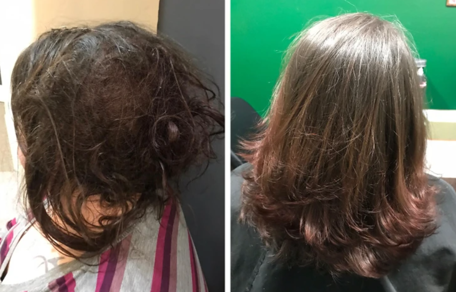 Pred a po transformácii vlasov: Z rozcuchaných na hladké a upravené pramene.