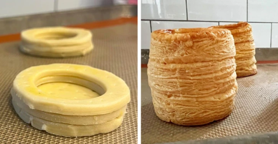 Pečenie lístkového cesta: pred a po - surové krúžky a zlatisté veže po upečení.