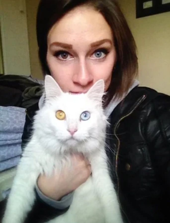 Žena drží bielu mačku s rôznofarebnými očami, modrým a žltým.