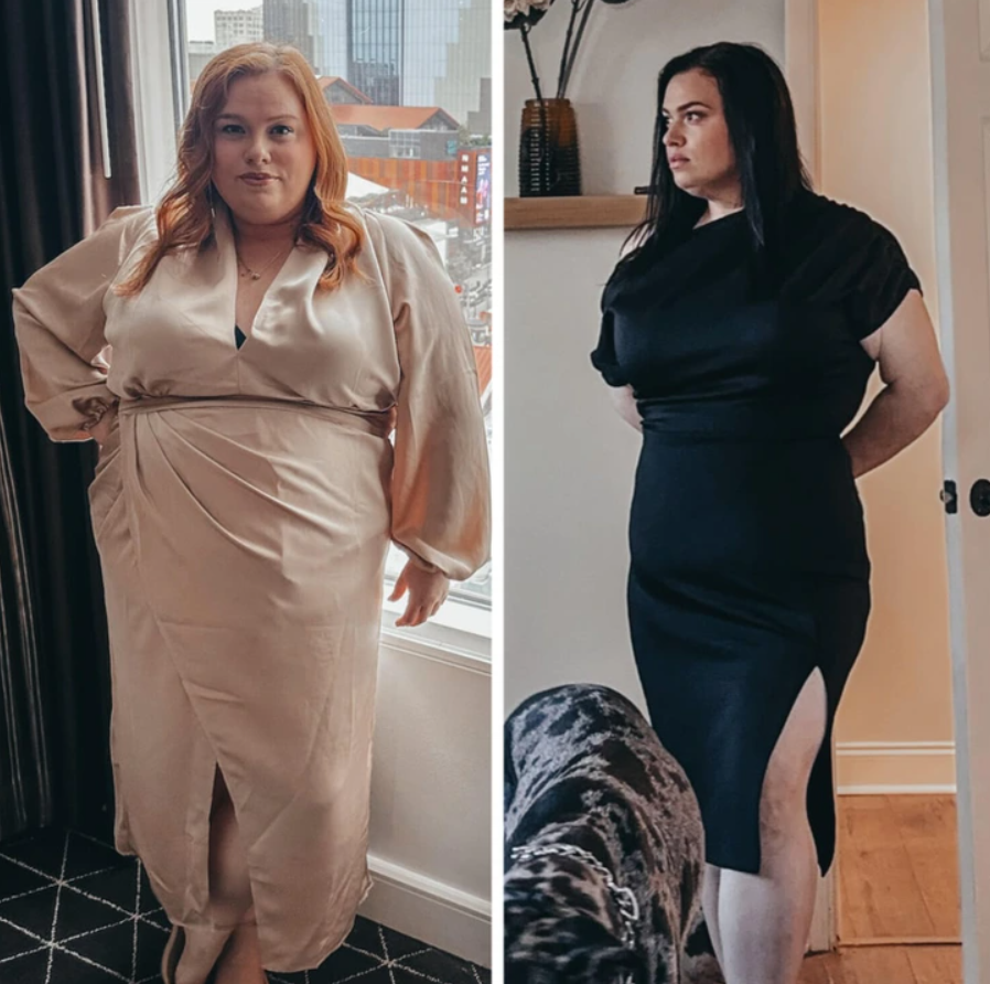 Dve ženy v elegantných šatách, jedna v béžových pri okne, druhá v čiernych v interiéri.