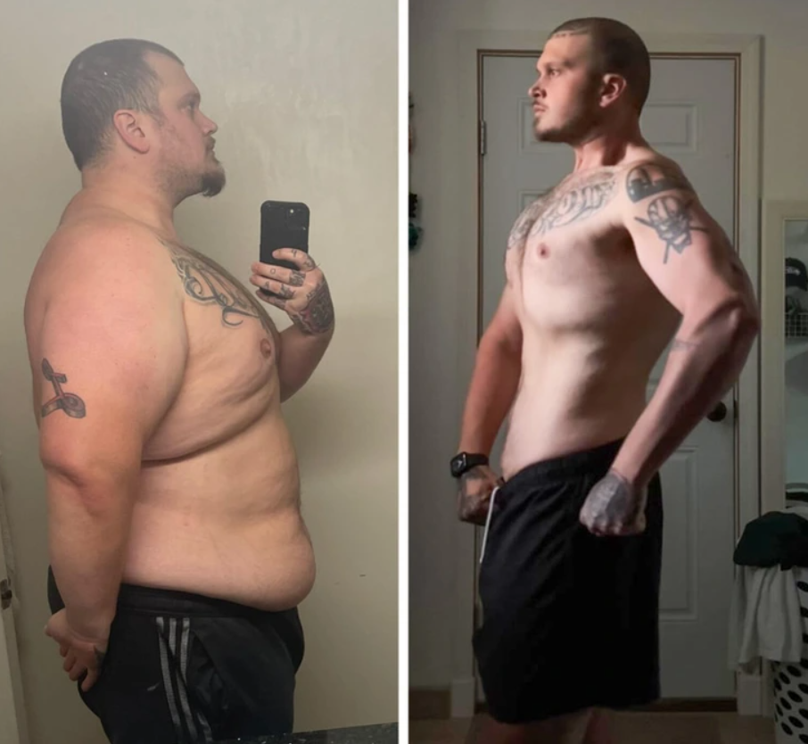 Muž pred a po transformácii tela; výrazné zníženie hmotnosti a zlepšenie kondície.