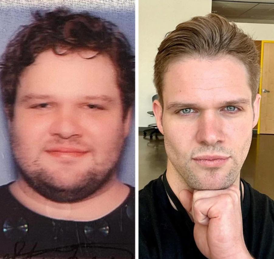 Dvojica fotografií muža znázorňujúca premenu pred a po fyzickej transformácii.