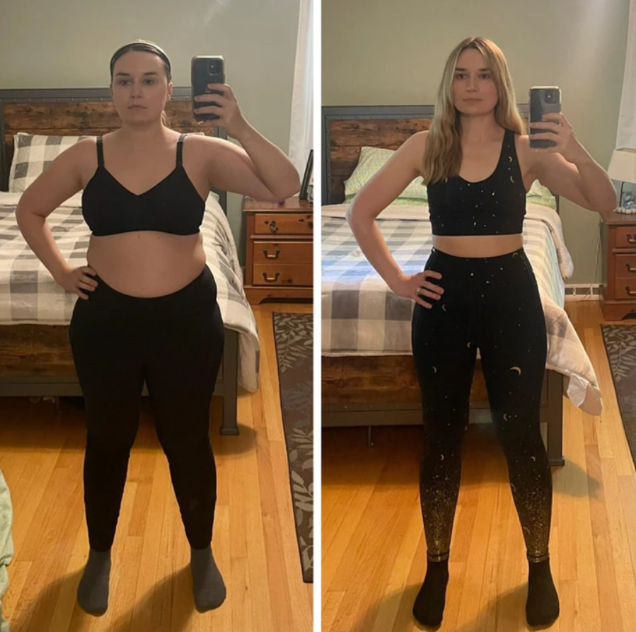 Pred a po transformácii: žena v športovom oblečení ukazuje zmenu postavy v interiéri.