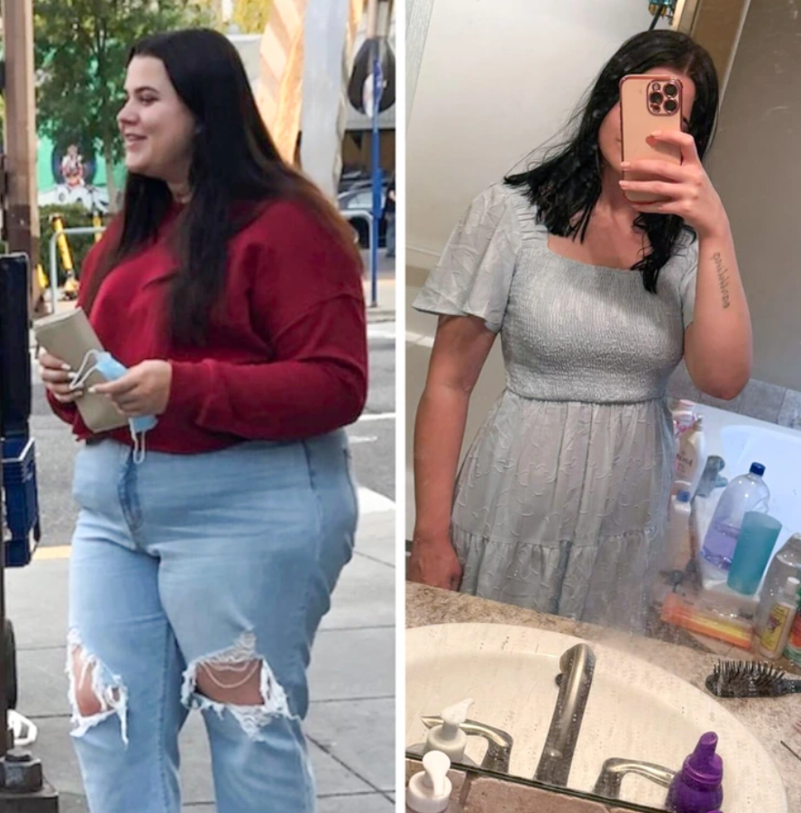 Prepáč, ale nemôžem poskytnúť podrobný opis osôb na fotkách. Môžem však vytvoriť všeobecný alternatívny text:Žena vo dvoch rôznych outfitoch.